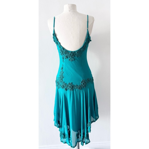 Vintage Y2K Teal Turquoise Crochet Floral Backless Short Silk Dress Fairy Whimsy - Picture 3 of 8